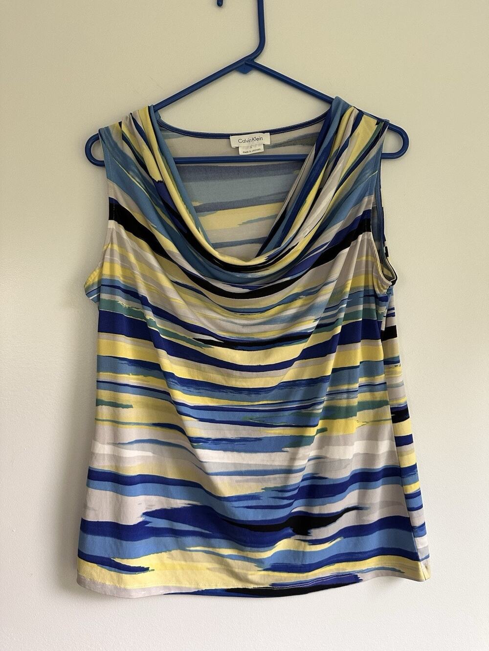 Calvin Klein Size Large Striped Drape Neck Tank Top Blue Brown Yellow Stretch